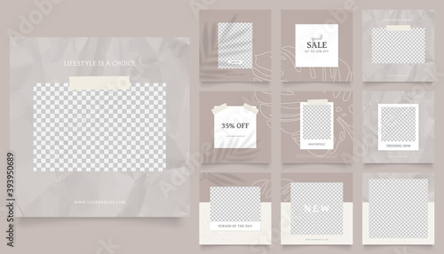 social media template banner fashion sale promotion. fully editable instagram and facebook square post frame puzzle organic sale poster. brown beige vector background