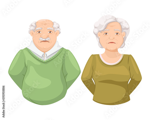 Sad elderly couple. Elderly people, aged grandparents, unhappy pensioners. Vector illustration.