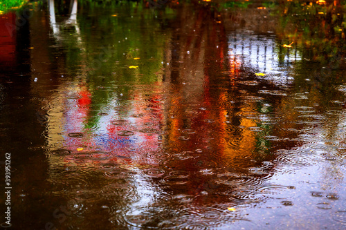 Rain water falling into puddle, nice reflection of tree and leaf in vibrant autumn color on surface.