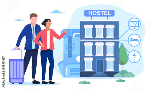 Hostel exterior for tourists. Inexpensive and cheap place to stay or overnight. Alternative home for some days. Room for relaxation. Flat cartoon vector illustration. Website, landing page template
