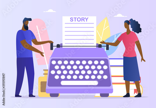 Abstract poetry concept. People enjoying, reading and writing poems. Woman and man standing next to a giant typewriter. Cartoon flat vector illustration for romantic poster, banner, flyer, brochure