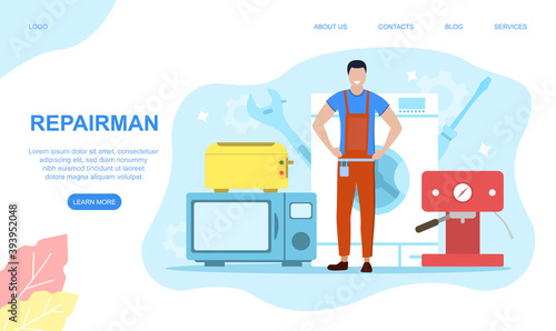 Professional worker in the uniform repair electrical home appliance with tool. Repairman occupation character. Cartoon flat vector illustration. Website, web page landing page template