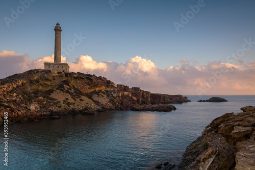 Lighthouse of Cabo de Palos on the top of the hill at sunrise, Murcia, Spain