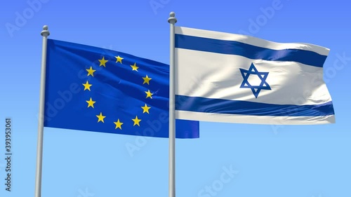 Israel and EU flag on flagpole excellent quality. The State of Israel and The European Union waving flag in wind. Endless Animation. LOOP / CYCLE Animation. photo