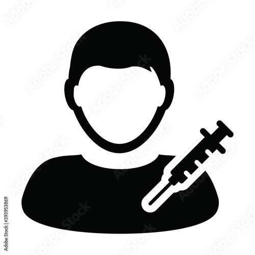 Human icon vector with vaccine syringe male user person profile avatar symbol for medical and healthcare treatment in a glyph pictogram illustration