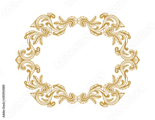 Hand Drawn Vintage damask ornamental elements for design. Baroque frame scroll ornament. Golden Elegant abstract floral pattern border in antique style. Decorative foliage swirl edging.