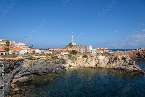 City landscape of Cabo de Palos with the lighthouse in the center, Murcia, Spain