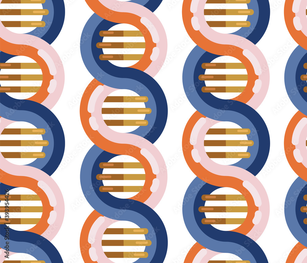 Obraz premium DNA molecule seamless vector background. Repeating pattern Spiral genetic dna strands medical icon. Helix structure symbol. DNA strands Magnification double helix structure blue and red