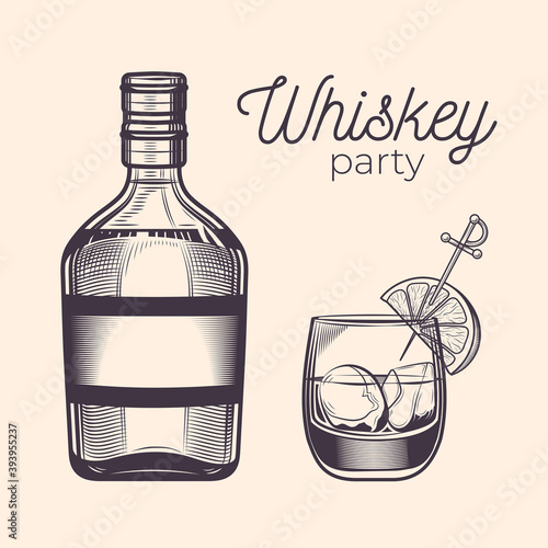 Whiskey bootle, glass with ice, lemon and whiskey. Whiskey party. Vintage vector engraving illustration for web, poster, invitation to party. Hand drawn design element isolated on white back