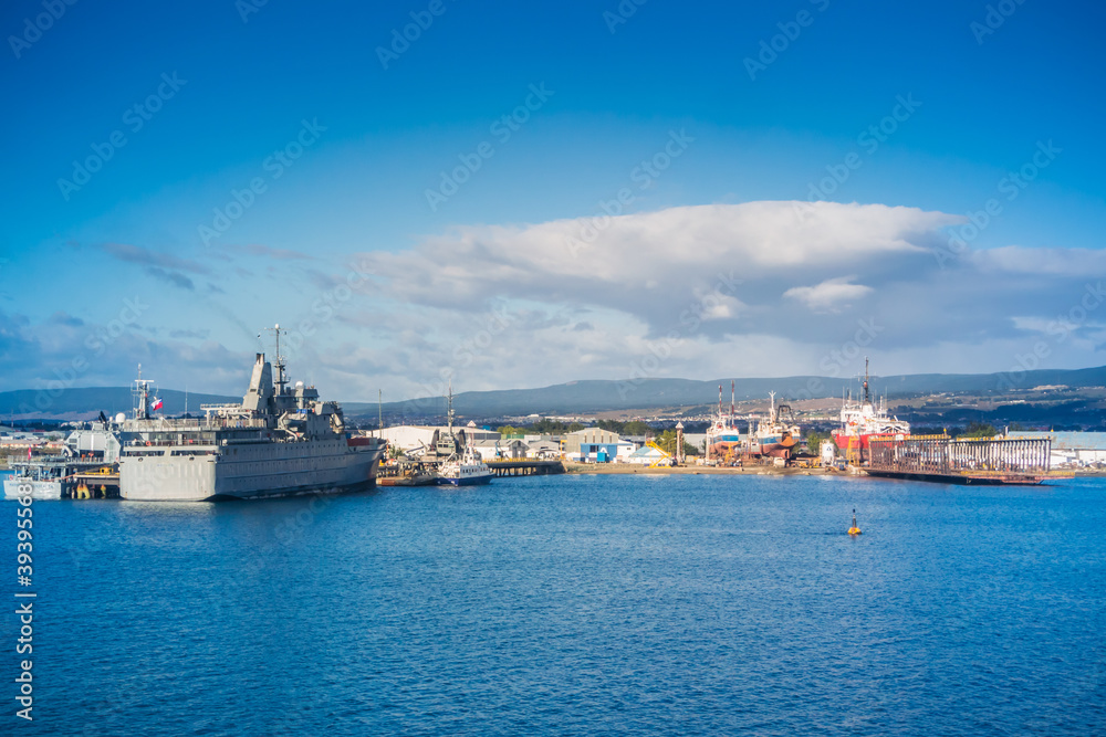Punta Arenas / Magallanes y la Antartica Chilena Region / Chile.  February 14, 2018: Ships in the port area of ​​Punta Arenas in the Strait of Magallanes.