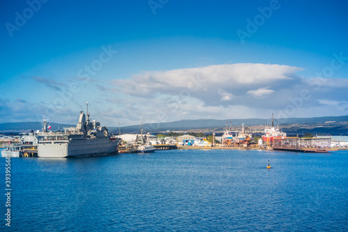 Punta Arenas / Magallanes y la Antartica Chilena Region / Chile. February 14, 2018: Ships in the port area of ​​Punta Arenas in the Strait of Magallanes.