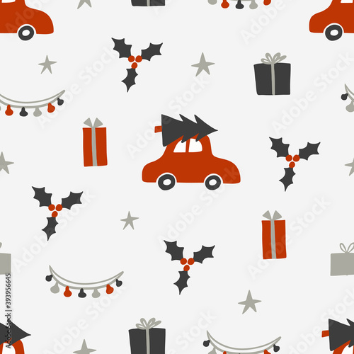 Christmas seamless pattern with red car and Christmas tree on the roof. Vector illustration