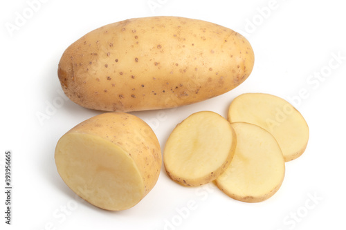 Isolated potatoes. Whole potatoe and cut isolated on white background