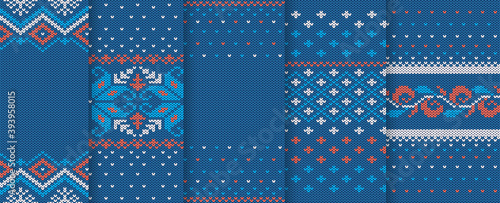Christmas knitted texture. Seamless pattern. Set of knit blue xmas prints. Holiday wool background. Sweater fair isle ornament. Winter jumper in scandinavian style. Vector illustration.