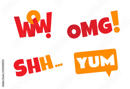 A set of stickers with speech bubbles and Wow, Shh, OMG, Yum words. Yum text in the speech bubble. Yummy concept design doodle for print. Printable graphic tee. Colorful vector illustration. 
