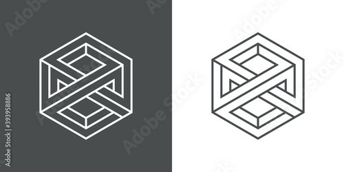 Logotipo cubo tridimensional en perspectiva imposible con lineas en fondo gris y fondo blanco