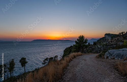 Sunset view from Biokovo montains, the second-highest mountain range in Croatia, located along the Dalmatian coast of the Adriatic Sea. August 2020