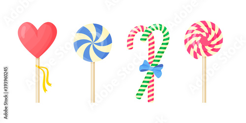 Set of caramel candies on a stick. Vector color illustration.