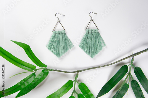 Hand made mint colored macrame earrings photo