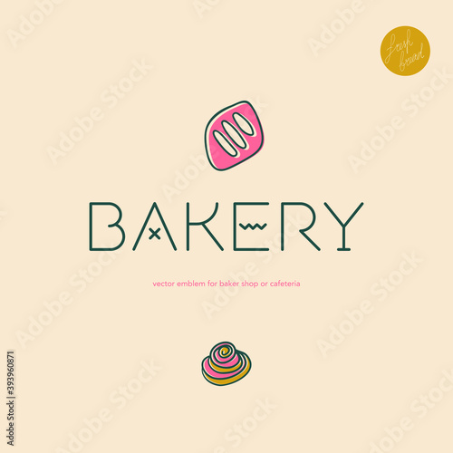 Baker shop emblem in vector. Insignia hot bakery. Bakery logo template. Cooking courses brand symbol. Bread bakery icon for pastry label design and bakeshop branding concept with hand drawn bread icon