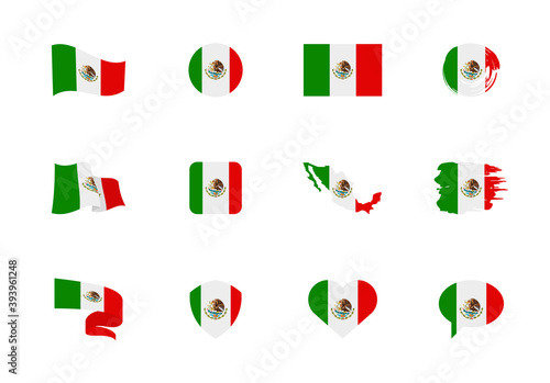 Mexico flag - flat collection. Flags of different shaped twelve flat icons.