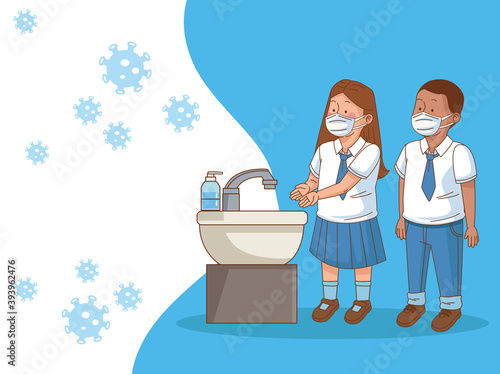 covid preventive at school scene with students couple washing hands