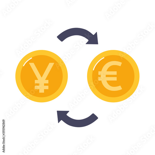Exchange Chinese yuan to Euro. Gold coins and arrows between them..Currency exchange. Vector illustration in flat style, isolated.
