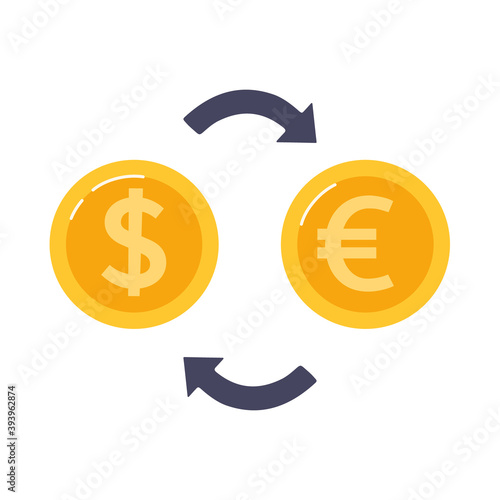 Exchange dollar for euro. Gold coins and arrows in between..Currency exchange. Vector illustration in flat style, isolated. photo