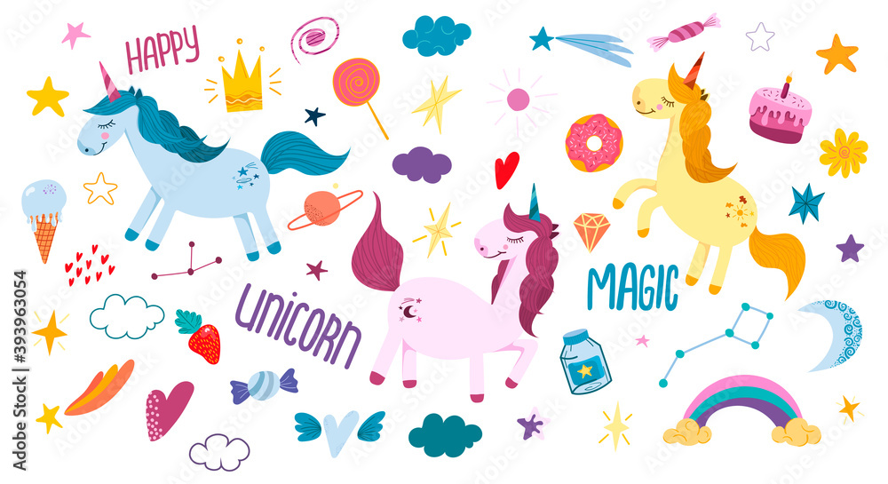 Set of vector illustrations with colorful unicorns, hearts, stars, sweets, rainbows, inscriptions and other elements for children. Vector illustration isolated on a white background.
