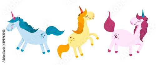 Set of vector illustration with colorful unicorns for kids. Vector illustration isolated on a white background. Illustration for fabrics, stickers, clothing, gifts, toys.