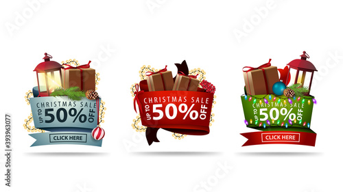 Set of Christmas 3D volumetric stickers decorated with presents and Christmas elements. Discount banners isolated on white background