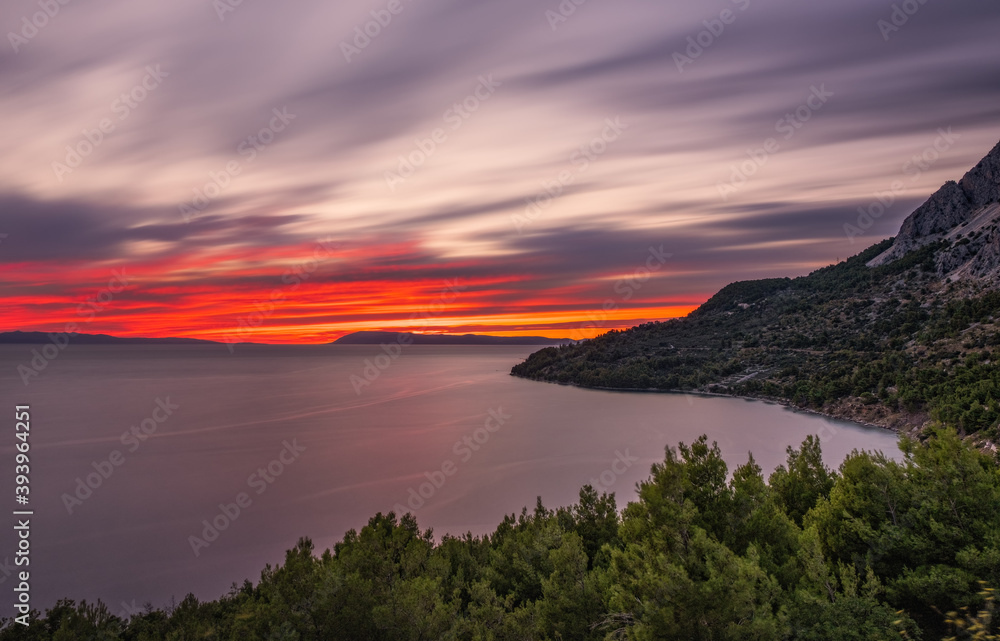 A beautiful sunset seen from Drasnice village in Croatia. September 2020. Long exposure picture