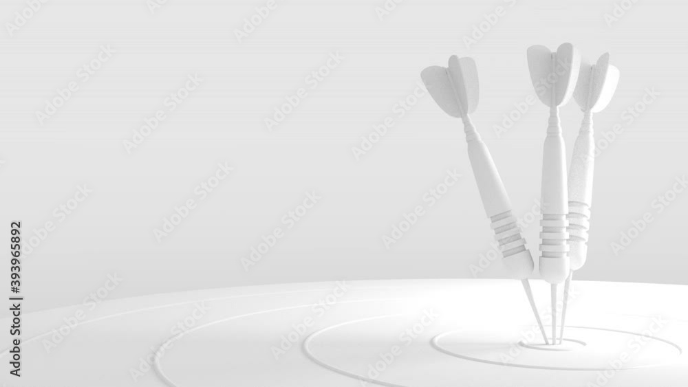 Trois fléchettes sont lancées au centre du jeu de fléchettes. Concept gagnant. Vidéo bouclables. Rendu 3D.
