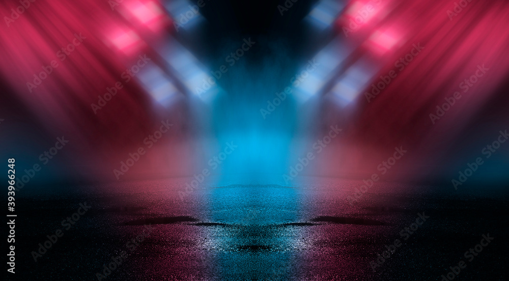 Obraz premium Neon futuristic landscape of a night street with neon light reflected in the water. Wet street, red and blue neon lights. Urban neon abstraction. Dark street wet asphalt reflections of rays.