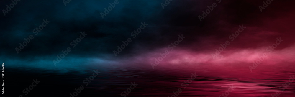Neon futuristic landscape of a night street with neon light reflected in the water. Wet street, red and blue neon lights. Urban neon abstraction. Dark street wet asphalt reflections of rays. Neon futuristic landscape of a night street with neon light reflected in the water. Wet street, red and blue neon lights. Urban neon abstraction. Dark street wet asphalt reflections of rays.