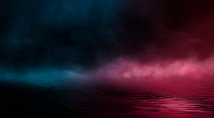 Papier peint photo Bordeaux Neon futuristic landscape of a night street with neon light reflected in the water. Wet street, red and blue neon lights. Urban neon abstraction. Dark street wet asphalt reflections of rays.  © MiaStendal