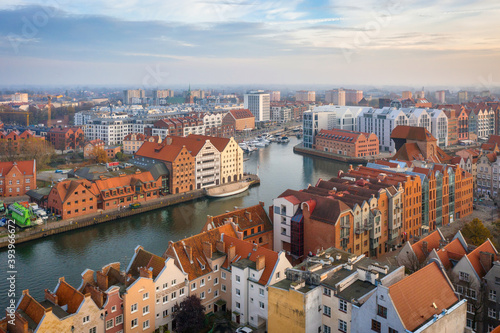 Amazing cityscape of Gdansk over Motlawa river at sunset, Poland