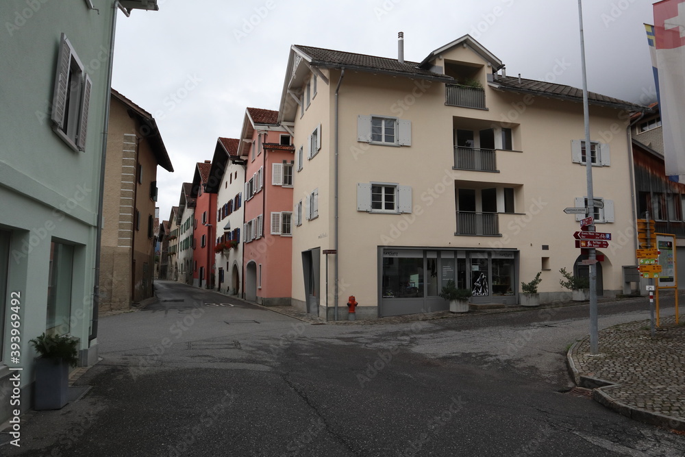 Tamins, Kanton Graubuenden (GR)/ Switzerland - August 10 2019: On the central square of Village Tamins close to the place where the riverarms of the Rhine join