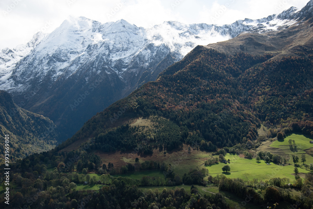 Peaceful autumn Pyrenees mountains view.