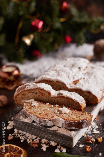 Traditional German Christmas pastries - Dresden Stollen. National German cuisine