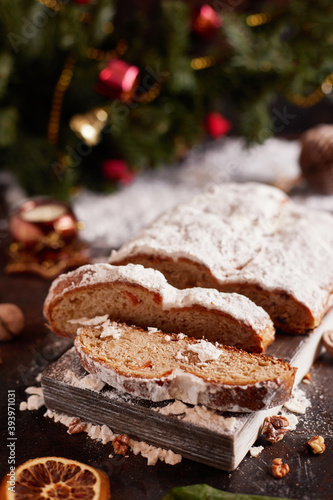 Traditional German Christmas pastries - Dresden Stollen. National German cuisine