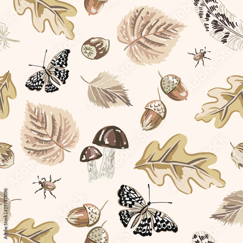 Butterfly, autumn leaves, nuts, mushrooms, light background. Forest nature. Seamless pattern. Vector  illustration. Woodland plants. Fall print