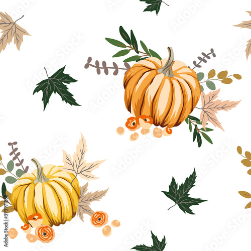Autumn orange pumpkins, maple leaves, white background. Vector seamless pattern. Halloween illustration. October harvest. Organic vegetable garden food. Nature design. Thanksgiving day. Fall season