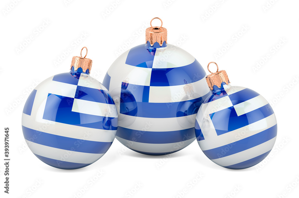 Christmas baubles with Greek flag, 3D rendering Christmas baubles with Greek flag, 3D rendering