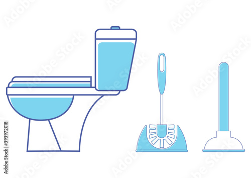 Toilet icon. Restroom. WC, bathroom in blue color. Toilet brush and plunger. Brush and plunger in blue color. Plumbing service. Vector