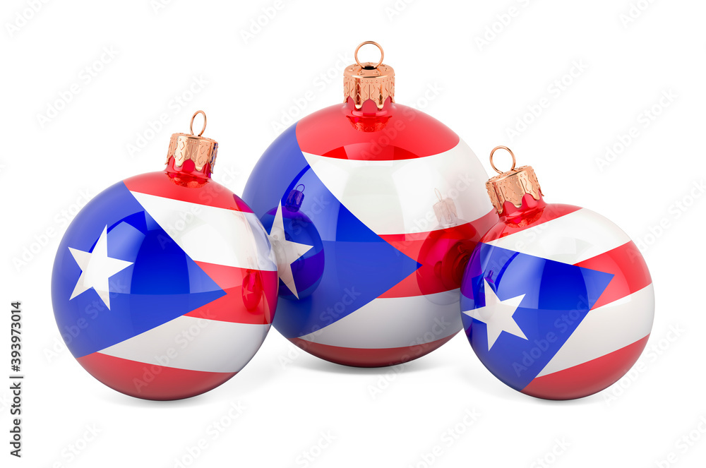 Christmas baubles with Puerto Rican flag, 3D rendering Christmas baubles with Puerto Rican flag, 3D rendering