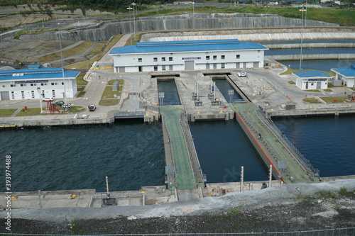 Gatun / Panama - October 19 2016: New sliding locks in the Panama canal - Clear Water sluices "Esclusas de Agua Clara" located at town Gatun