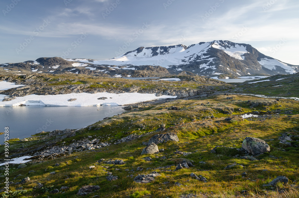 Summer scenery of mountains and lake in Jotunheimen, Norway
