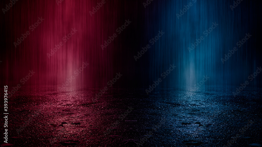 Neon futuristic landscape of a night street with neon light reflected in the water. Wet street, red and blue neon lights. Urban neon abstraction. Neon futuristic landscape of a night street with neon light reflected in the water. Wet street, red and blue neon lights. Urban neon abstraction.