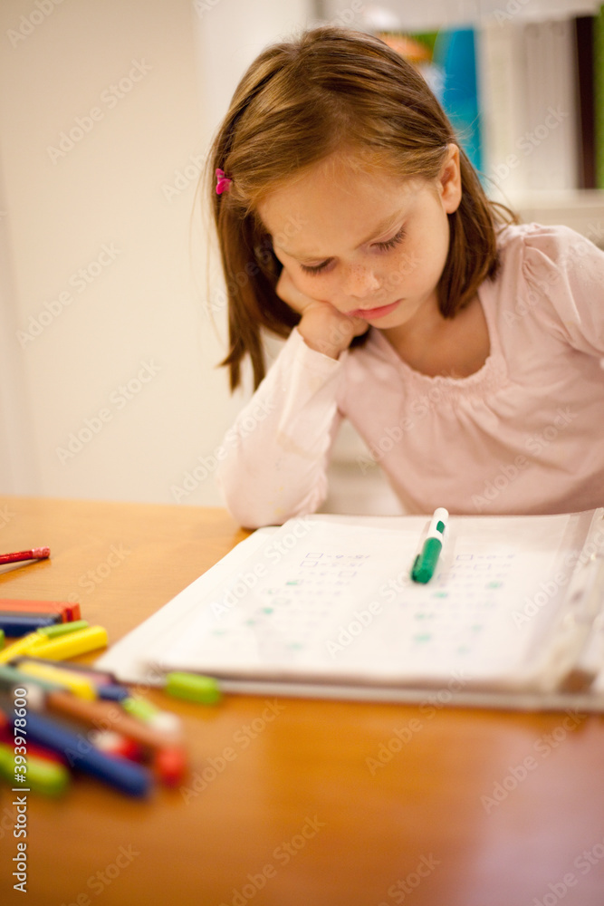 Little Girl Working on Math at Home, Homeschool Education, Homeschooling Little Girl Working on Math at Home, Homeschool Education, Homeschooling